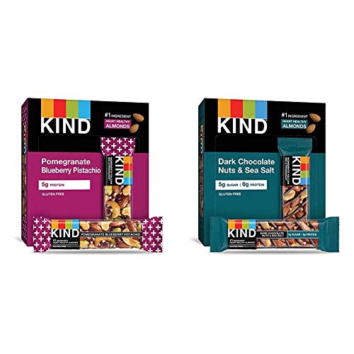 KIND Bars, Pomegranate Blueberry Pistashio + Antioxidants, Gluten Free, Low Sugar, 1.4oz, 12 Count & Bars, Dark Chocolate Nuts & Sea Salt, Gluten Free, Low Sugar, 1.4 Ounce, 12 Count