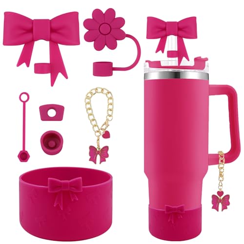 Hpebl 7Pcs Fuchsia Cup Accessories for Stanley Cups 40/30oz with Handle Including Bow Silicone Straw Cover Topper Boot Spill-Proof Stopper Set Bow Handle Charm for Stanley Tumbler Accessories