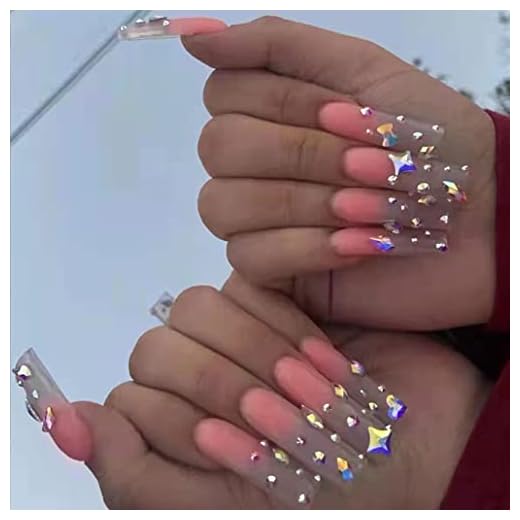 Foccna Bling Pink Fake Nails Long Coffin Rhinestone Press on Nails Gradient False Nails Crystal Nails Full Cover False Nails 24 pcs 