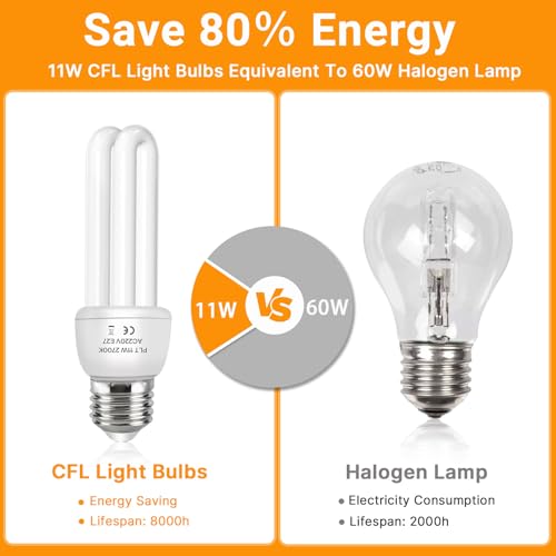 Akynite E27 Energy Saving Bulb 11W, Warm White 2700k, E27 Edison Screw Fitting, 2U CFL Low Energy Light Bulbs, ES Compact Fluorescent Stick Bulbs, AC 220V, not dimmable, 2pcs - Image 2