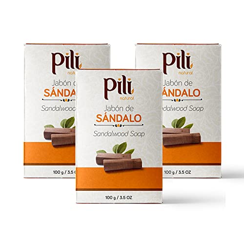 Pili Natural Sandalwood Soap Bars (3 Pack). Face and Body Soap Bars for Women, Men, Teens and All Skin Types. Jabón de Sandalo. 3.5 oz each.