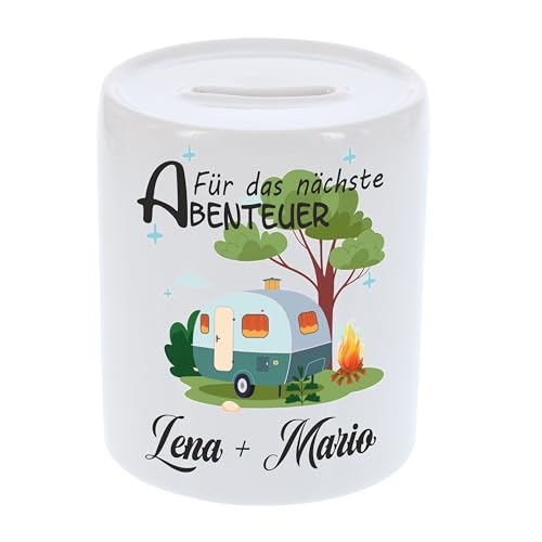 Spardose - Für das nächste Abenteuer mit Name (Camping) - personalisiert zum selbst gestalten, beidseitig Bedruckt, Geschenk für Camper, Geburtstagsgeschenk Beste Freunde