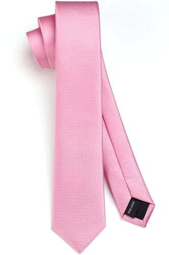 HISDERN Pink Tie for Men Skinny Ties Silk Necktie Solid Slim Formal Neckties for Wedding Party Business(6cm)
