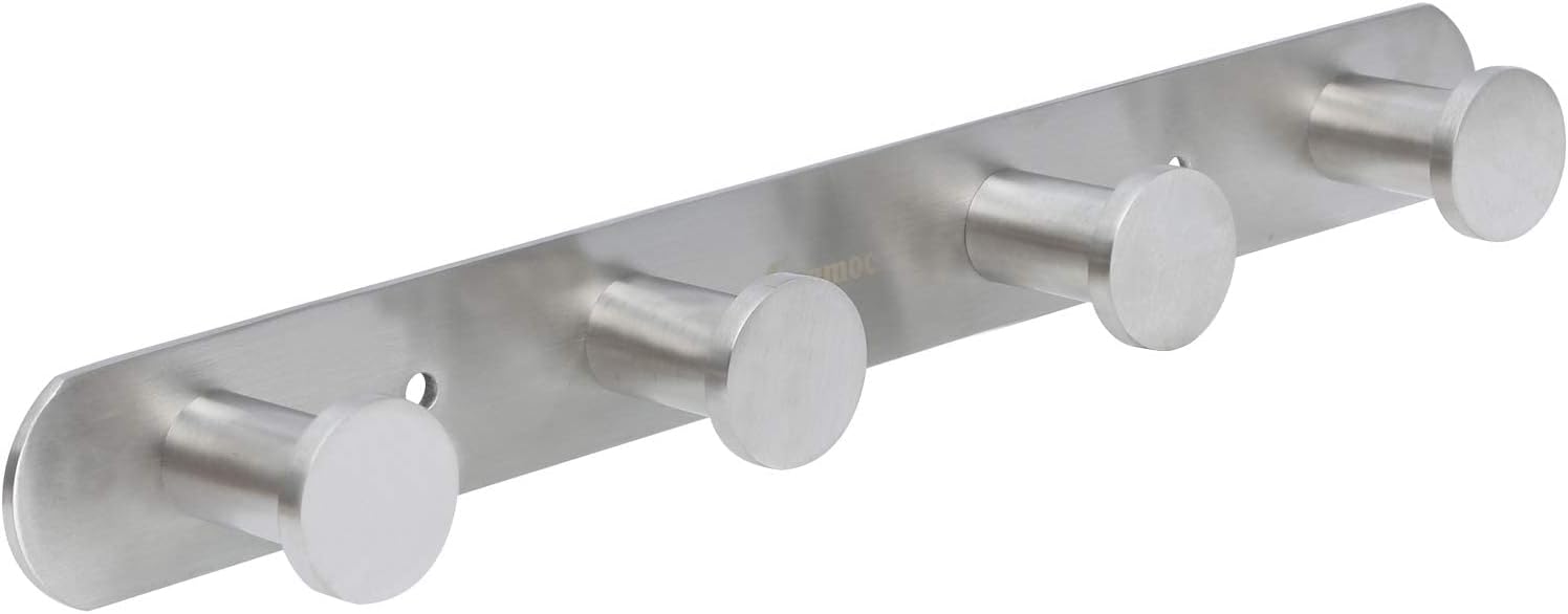 Towel Hook Rack Brushed Nickel - Sagmoc 10-Inch Coat Hook Rail Wall Mounted with 4 Hooks, Durable Wall Hangers for Bedroom, Bathroom, Foyer, Hallway (304 Stainless Steel)