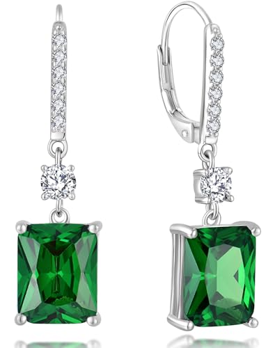YL Emerald Green Emerald Cut Dangle Earrings for Women Solid 925 Sterling Silver 18K White Gold Plated Created Birthstone Princess Halo Leverback Jewelry Gifts
