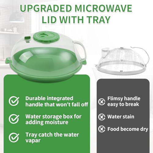 Microwave Splatter Cover Lid for Food 10.2 Inch with Water Steamer, Clear Microwave Splash Guard Cooker Lid with Plate, Dish Bowl Plate Serving Cover Cookware High Transparent Plastic Green by GLOU-GLOU GOOSE GGG - Image 5