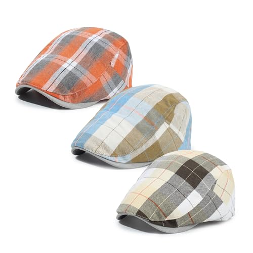 Image of 3Pcs Men's Newsboy Caps Cotton Cooling Hat Adjustable Flat Cap for Men