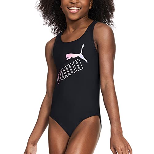 PUMA Girls Sizes 7-16 Solid Logo Racerback One Piece Swim Bathing Suit (X-Large) Black