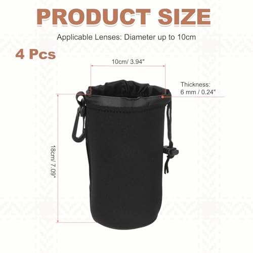 PATIKIL 4 Pcs Camera Lens Pouch, 4\" ID x 7\" H Drawstring Lens Pouch Protective Camera Lens Case Bag Soft Plush Neoprene Bag for DSLR Photography Gear, Black