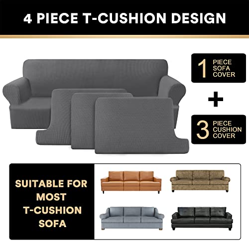 T Cushion Sofa Slipcover 4 Pieces Sofa Covers For T Cushion Sofa Soft Couch Cover Sofa Slip Covers Furniture Covers With 3 Individual T Cushion Shape Seat Covers Machine Washable, Grey #TOP2