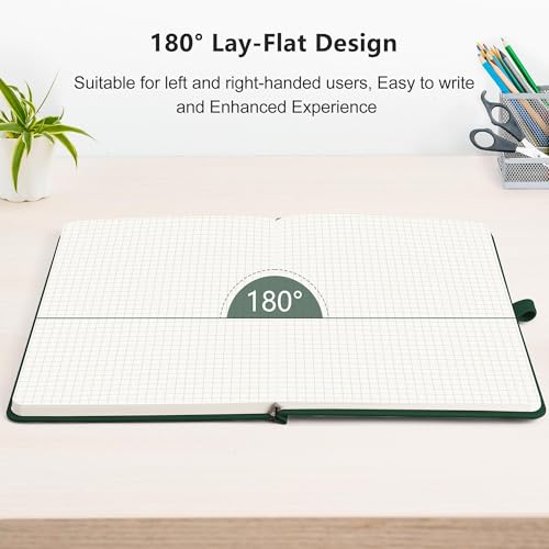 Image of RETTACY Graph Grid Paper Notebook, 192 Pages, A5 Size (5.7'' x 8.3'') | 5 Squares per Inch, Leather Hardcover, 100 GSM Thick Paper, for School, Students, Math, Engineering (Dark green)