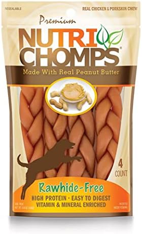 NutriChomps Dog Chews, 6-inch Braids, Easy to Digest, Rawhide-Free Dog Treats, Healthy, 4 Count, Real Peanut Butter Flavor