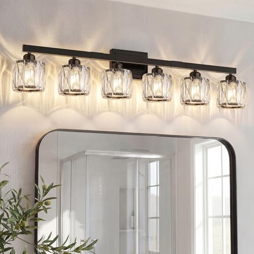 VOLISUN Crystal Vanity Lights for Bathroom 6 Light Bathroom Vanity Light Modern Matte Black Bathrooms Light Over Mirror Black Bathrooms Lights Fixtures-UL Certificated(Exclude Bulb)