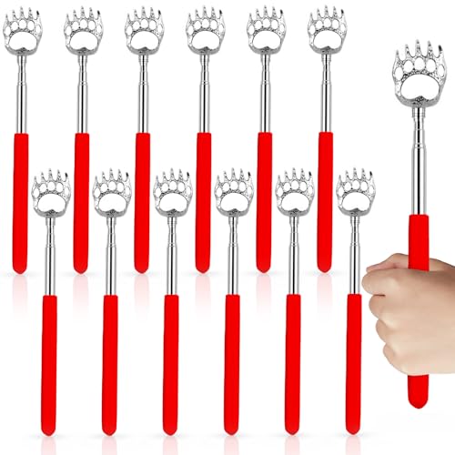 HOFASON 12 PCS Extendable Bear Claw Back Scratcher, Christmas Stocking Stuffer Gift for Men, Bulk Gift for Women, Bingo Game Prizes for Adults, Portable Massager Hand Tool with Rubber Handles (Red)
