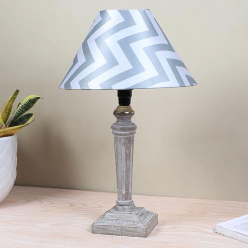 Image of tu casa Hand Carved Equine Mangowood Table Lamp for Home Decoration, Bedroom, Living Room, Lounge, Office, Festival Gifting, Study Table (Maze Print with Satin Shade) H - 15 inch / No Blub