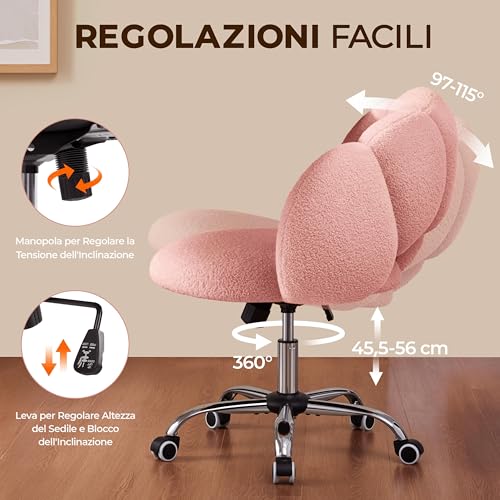 Sedia da Ufficio Scrivania Cameretta Imbottita Senza Braccioli Ergonomica con Ruote Girevole, Schienale Design a Nuvola in Tessuto Bouclé, Altezza Regolabile Rosa - Sedia gaming - Immagine 4