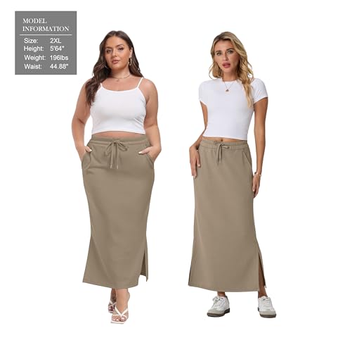 Image of Lepunuo Women's High Waisted Sweat Maxi Skirt with Pockets Slit | Ultra Soft Sweat Fabric, High Waist Drawstring, Deep Phone Pockets, Side Slit for Movement, Ideal for Lounge Travel