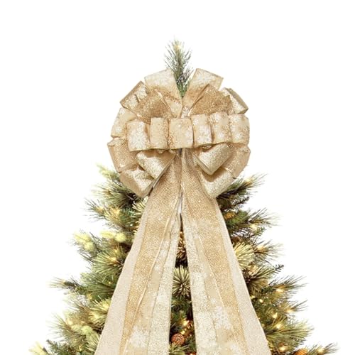 Choies Christmas Tree Topper Bow, 53x13 Inches Large Christmas Bow with Glitter Streamer and Patterned Ribbon,Bows Topper for Xmas Tree Wreath Door Christmas Home Decoration Champagne