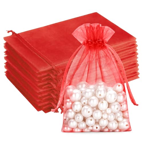 G2PLUS 50 Sacchetti Organza Rosso: Sacchetti Regalo in Organza 13x18CM con Coulisse,Per Uso Regalo,Occasione Matrimonio,San Valentino