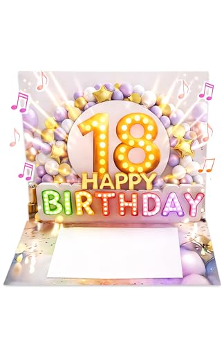 Joli Coon Geburtstagskarte 18 mit Musik und Licht - 3D Pop up Geburtstagskarte 18. Geburtstag Mädchen mit Leuchteffekt, Kuvert und Siegelsticker - 20 x 15 cm