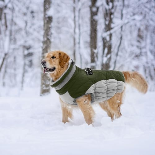 Image of Lelepet Dog Coat Warm Dog Winter Coat Waterproof Dogs Jacket with Harness | Reflective Pet Fleece Vest Zip-Up Cold Weather Coats for Dogs Turtleneck & Windproof Coats Chihuahua Army Green XS
