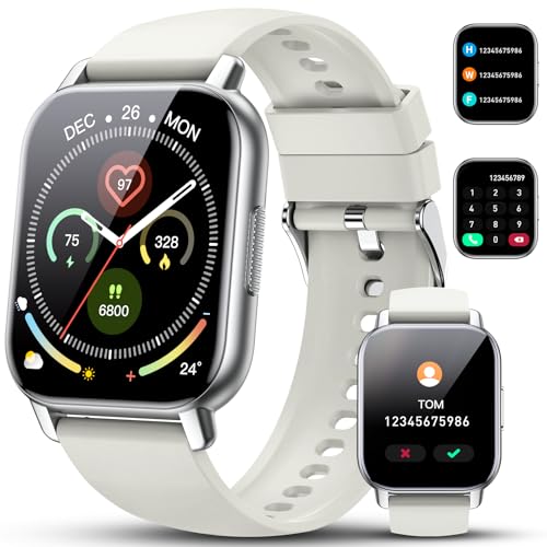 Smart Watch for Men Women, 1.85" HD Screen Smartwatch (Answer/Make Call) with Heart Rate Sleep Monitor Pedometer, 110+ Sports Mode Fitness Watch, IP68 Waterproof Fitness Tracker for Android iOS, White