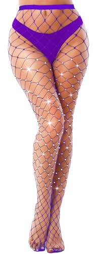 VEBZIN Sparkly Large Mesh Purple Fishnet Tights For Women Fishnet Leggings Glitter Rhinestone Fishnets Stockings Large Grid