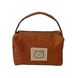 ZGHQHCDRH Cute Corduroy Mini Tote Bag with Bear Patch, Compact Zippered Handbag for Women, Fashionable Casual Carry-All Pouch (Brown)