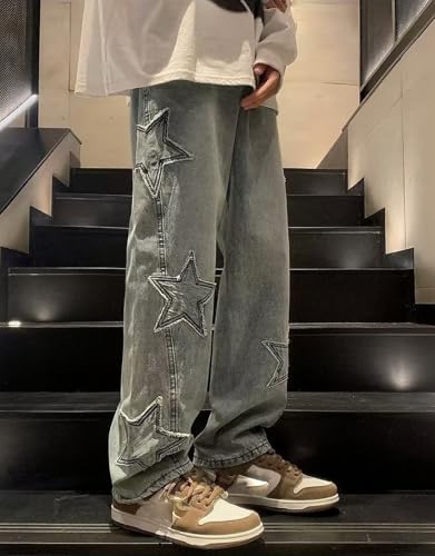 jupkem Men's Y2K Baggy Jeans Star Pattern Wide-Leg Retro Distressed Gothic Denim Pants Casual Fashion Street Style Clothing2