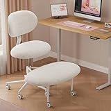 Pinmoco Ergonomic Cross Legged Office Chair with Wheels, ADHD Chair for Adults, Meditation Chair, Yoga Office Chair, Comfortable Back Support, Height Adjustable,Small Spaces, Teddy Fabric, White