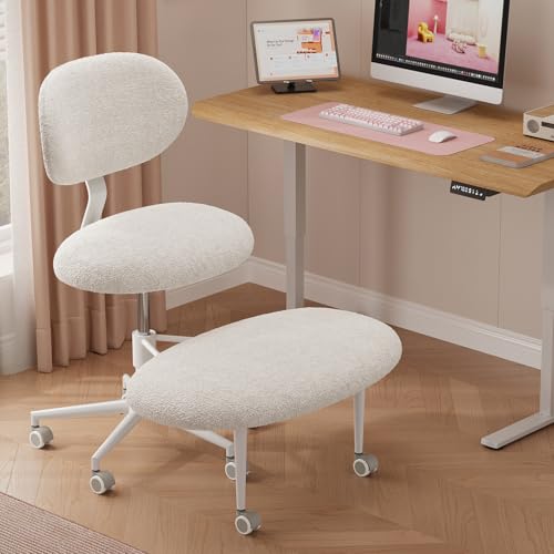 Pinmoco Ergonomic Cross Legged Office Chair with Wheels, ADHD Chair for Adults, Meditation Chair, Yoga Office Chair, Comfortable Back Support, Height Adjustable,Small Spaces, Teddy Fabric, White