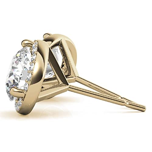 Solid Yellow Gold Handmade Moissanite Earring, 2 Tcw Round Cut Earrings For Bride, Martini Set Halo Diamond Earring, Bridal/Engagement Gifts, Push/Screw Back, 10K 14K 18K #TOP1