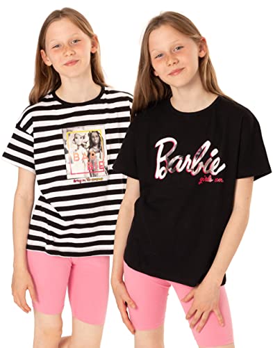 Barbie T-Shirt 2 Pack Girls Kids Doll Logo Striped Black & White Top 7-8 Years