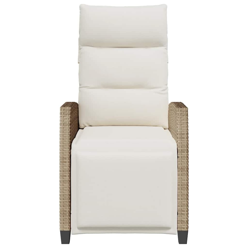 Silla de jardín extensible con reposapiés y mesa auxiliar, beige, ratán PE, respaldo ajustable, cojines gruesos y funda de lavado extraíble.