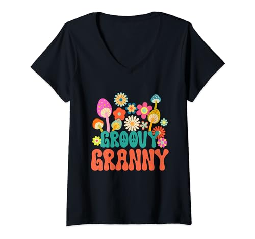 Womens Retro Groovy Granny Gifts For Mother's Day Hippie Flower V-Neck T-Shirt