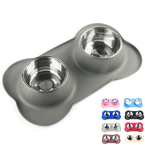 Dog Bowls with Anti-Overflow and Anti-Skid Silicone Dog Food Mat, Stainless Steel Feeder Easy to Clean for Small Medium Large Dogs Cats Pets