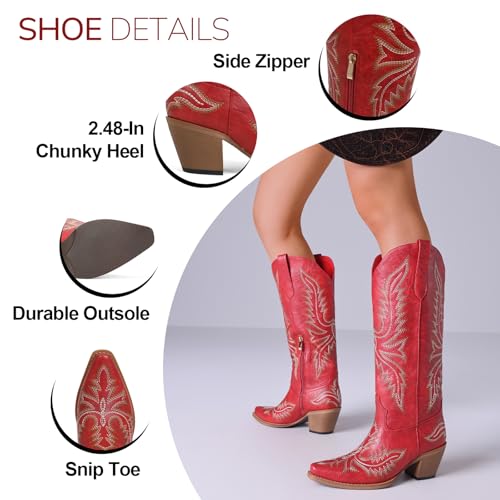 Image of Tscoyuki Cowboy Boots for Women: Embroidered Western Knee High Boots Women - Pointed Toe Chunky Heel Cowgirl Tall Boots