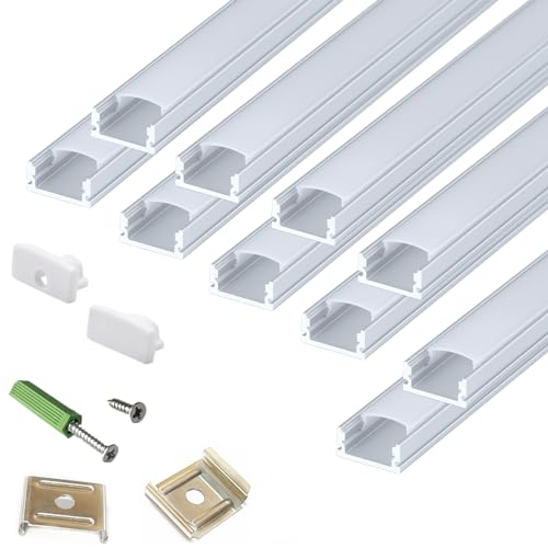 THMOOTHER LED Strip U Channel Diffuser 10-Pack 6.56FT 17X7.5MM Surface Mounted Tape Light Aluminum Track with Milky Cover Cabinet Stairs Counter Wall Flush Installed Low Profile
