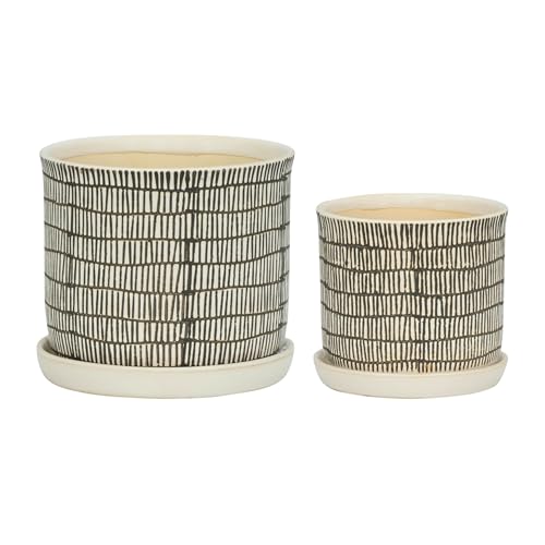 Set of 2 Geometric Decorative Ceramic Planter Pots with Saucer – Stoneware Outdoor & Indoor Plant Pots with Drainage – Modern Garden & Home Decor Ceramic Planters – 6" & 8", Ivory