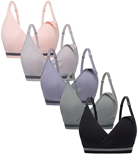 Image of Suekaphin 5Pack Nursing Bra Deep V Neck for Breastfeeding,Seamless Maternity Bralette Wirefree Padded Cup Nursing Bra