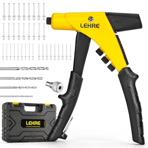 LEHRE Safety Rivet Gun, One-Handed Pop Rivet Gun Set, Heavy Duty Riveter with Mandrel Container, Tool-Free Interchangeable Heads