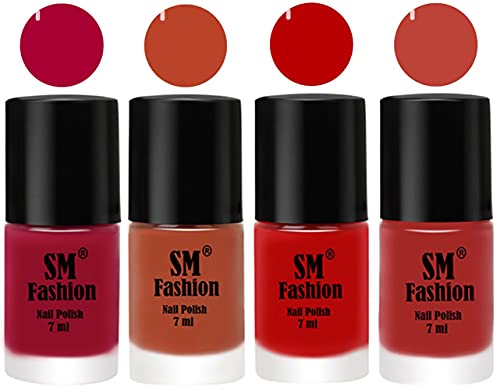Image of Nail Polish Combo Set (Pack of 4) Quick Dry Gel Finish Nail Paint | Dark Magenta,Light Coral,Red,Dark Nude | 7 ml Each