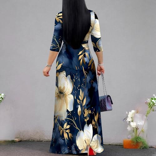 Image of PinkPatty Plus Size Maxi Dress for Women Casual V Neck 3 /4 Sleeve Boho Printed Long Dress with Pockets