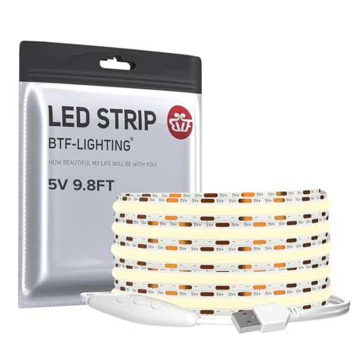 Image of BTF-LIGHTING 5V USB COB LED Strip Lights Super Bright Dimmable LED Tape Light,Natural White 4000K 9.8FT Flexible Light Strip with Strong 3M Tape for 3D Printer,TV Backlight,Cabinet,Home Lighting