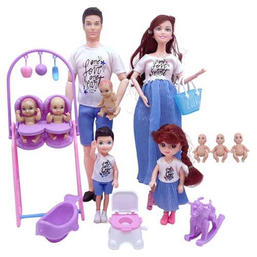 Joygoodta Juego de muñecas Embarazadas con bebé Boca Abajo, papá y 5 niños, Juego Seguro para Madres Embarazadas, 7 Personas con Accesorios de casa de muñecas, Juguete para niños, muñeca