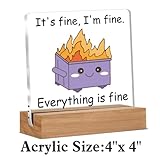 Purple Dumpster Fire Desk Decor, Funny Office Gifts for Women Men Coworkers, I'm Fine Everything is Fine, Cute Dumpster Desk Signs Plaque