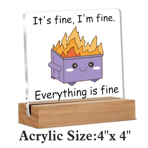 Purple Dumpster Fire Desk Decor, Funny Office Gifts for Women Men Coworkers, I'm Fine Everything is Fine, Cute Dumpster Desk Signs Plaque
