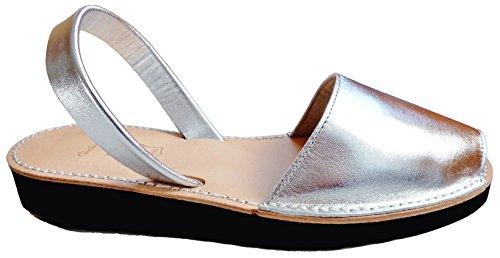 Menorquin Avarcas with Wedge/Platform of 2.5 cm. Menorcan Sandals, Avarcas Menorquinas, Zebra and Leopard, Abarcas (39 EU, Plata piel, Silver)