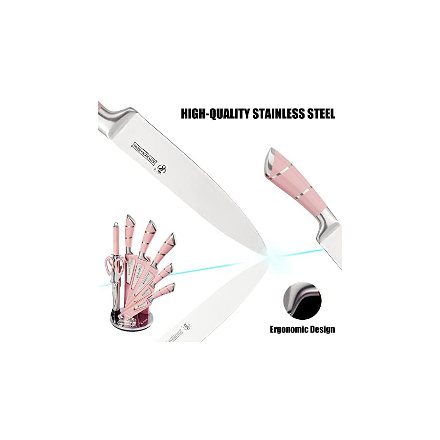 YF-TOW Knife Block Set, Kitchen Knife Set with Stand, 9 PCS Pink Sharp Stainless Steel Knife Set with Chef Knife,Bread Knife,Carving Knife,Scissors and Knife Sharpener (Pink)