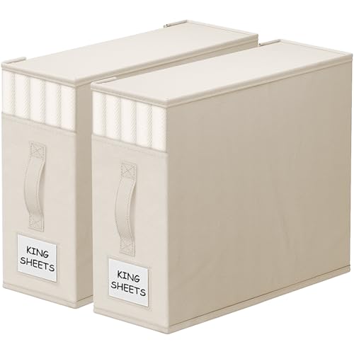 Image of StorageTastic 2 Pack Bed Sheet Closet Organizers and Storage,Sturdy Foldable Storage Containers with Window and Label,Storage and Organization for Bedding Sheets,Duvet Covers,Blankets (Beige)